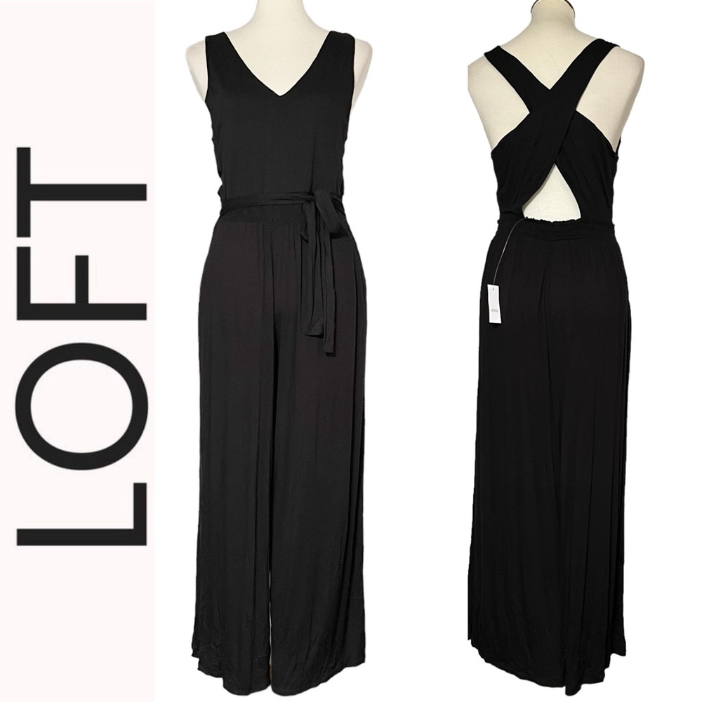 Loft Beach Wide Leg Black Sleeveless V-Neck Open Back Jumpsuit Tie Waist‎